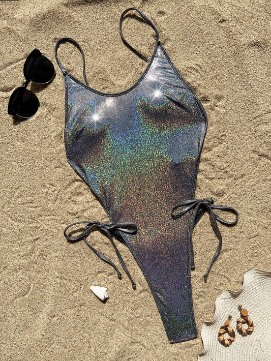 sexy glitter solid silver black backless swimsuit one piece bikini thong swimwear bodysuits biquini bathing suits tankini