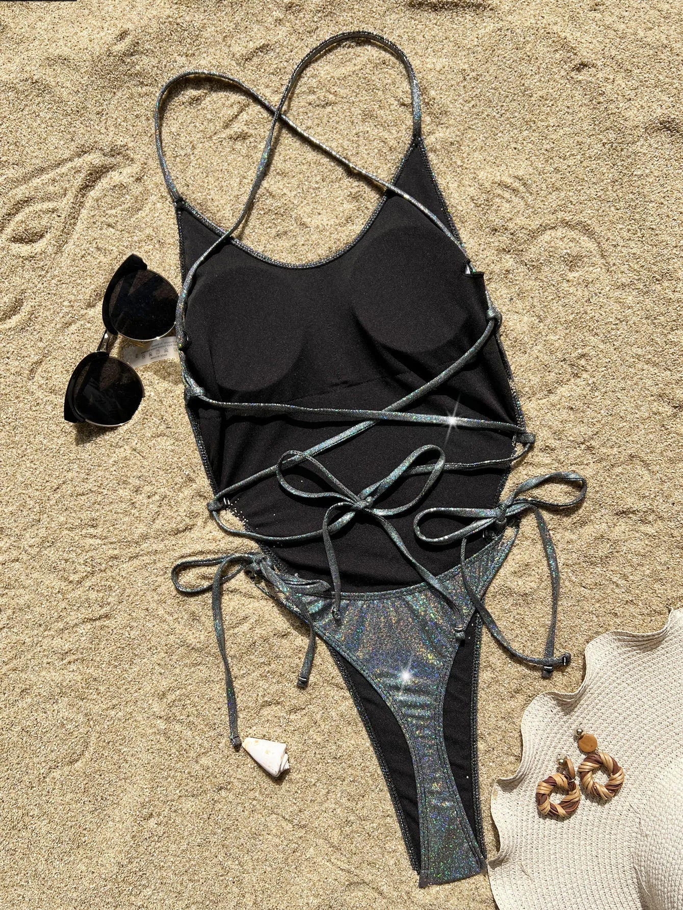 sexy glitter solid silver black backless swimsuit one piece bikini thong swimwear bodysuits biquini bathing suits tankini