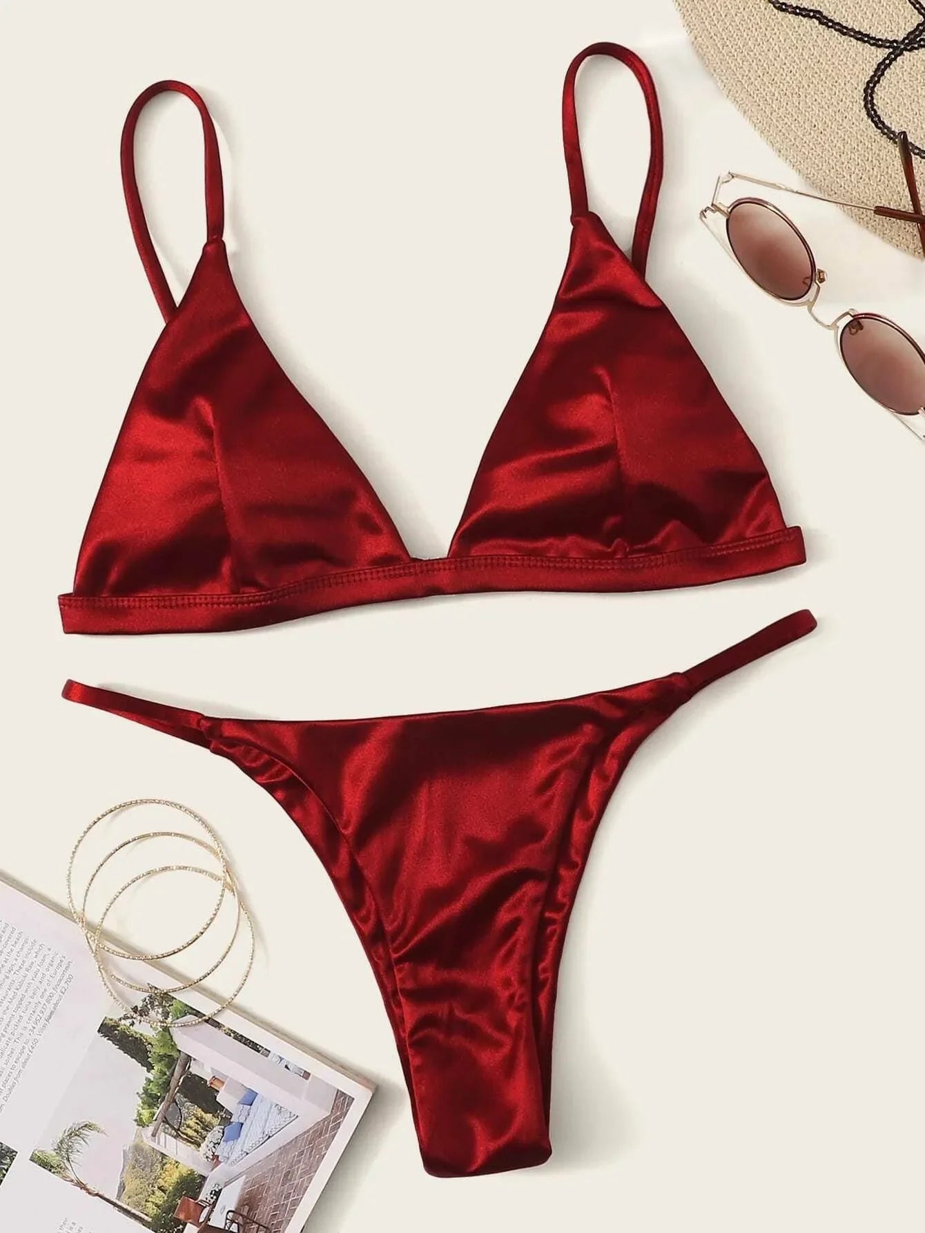 sexy satin wine red triangle micro Bikini Sets thong swimsuit Swimwear beach outfits conjunto de bikini