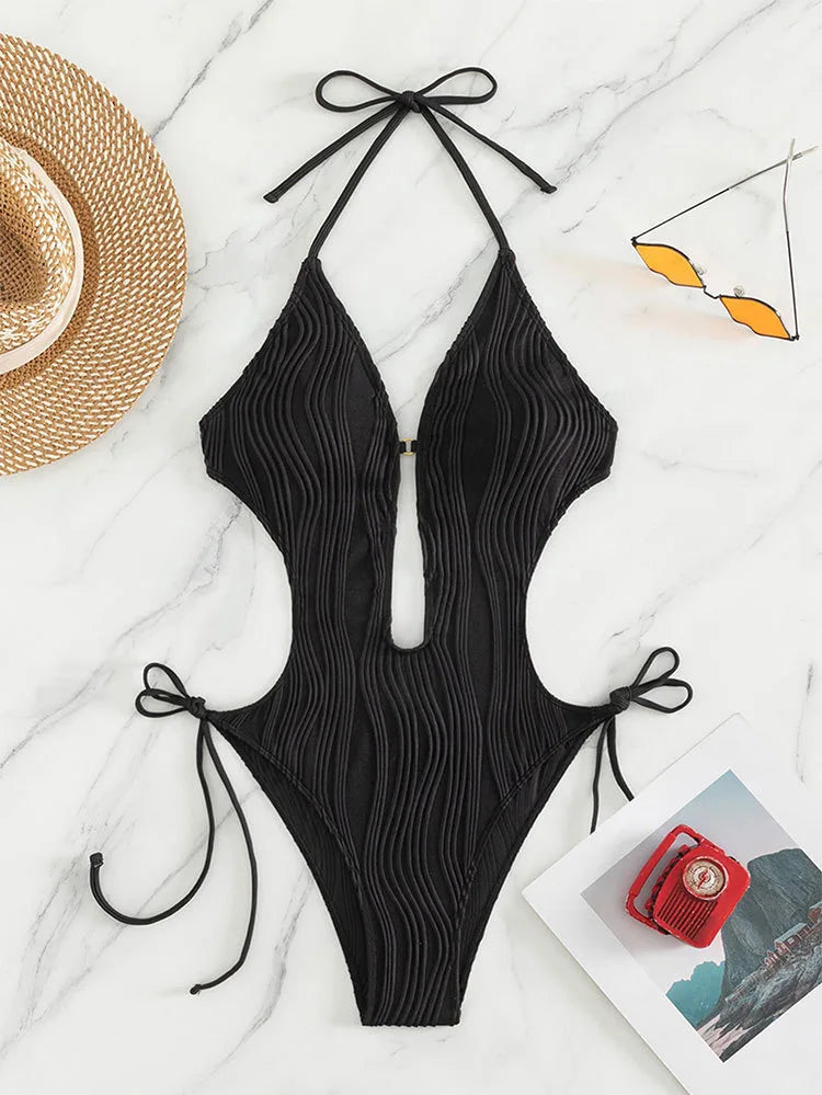 sexy wave hollow halter swimsuit one piece bikinis tie thong swimsuit bathing suit swimwear biquini