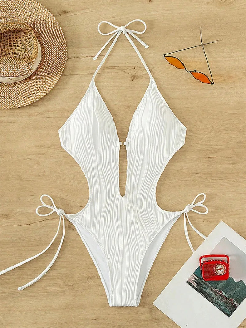 sexy wave hollow halter swimsuit one piece bikinis tie thong swimsuit bathing suit swimwear biquini