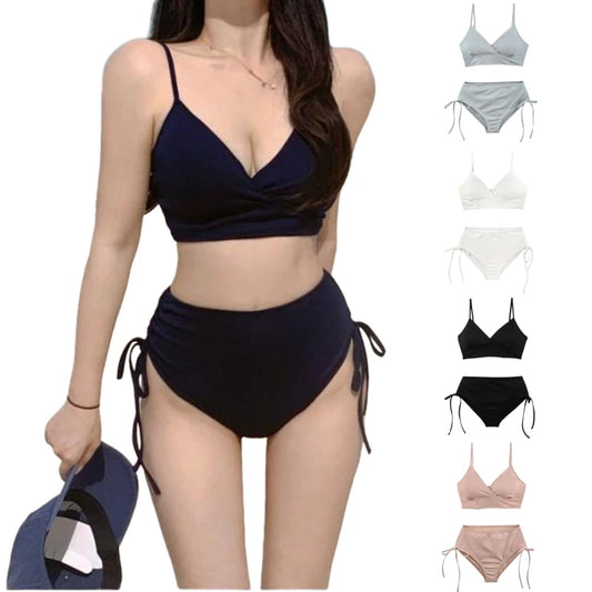 two-piece swimsuit solid color tight height waist slimming pull pleated triangle bikini